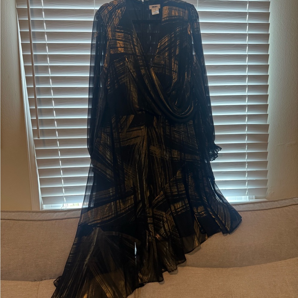 DKNY Black and Gold Long Sleeve Dress